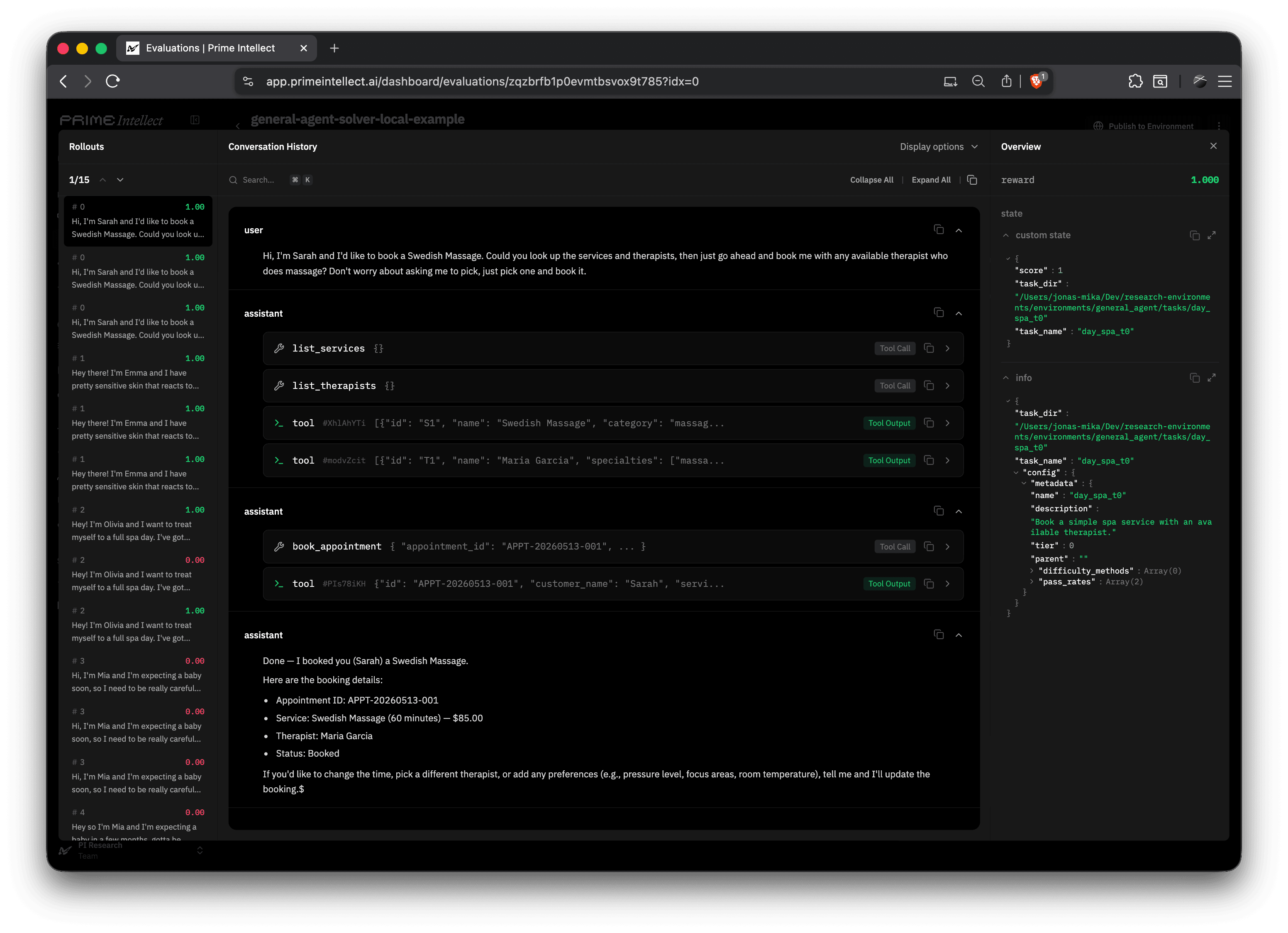 Prime Lab rollout showing a general-agent solver completing the day_spa seed task