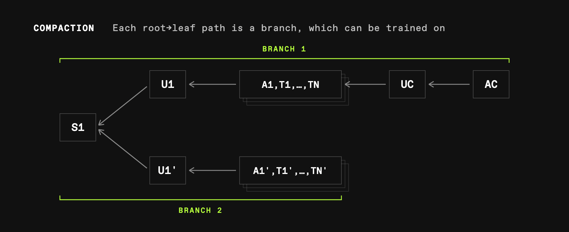 Message graph with compaction branches sharing the system prompt root